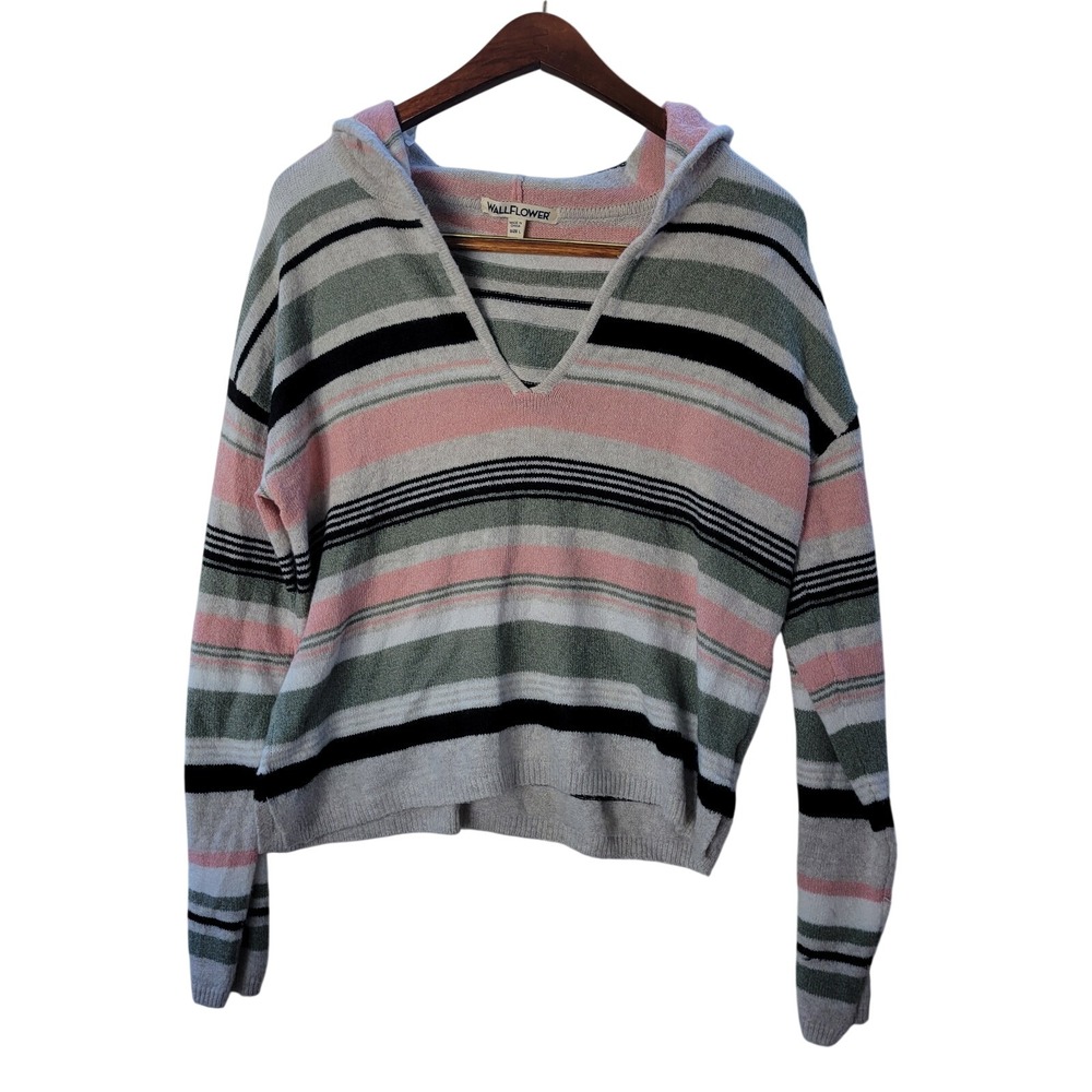 Wallflower Striped Hoodie Sweater Womens L Pink Green Excellent‎ V-Neck Knit